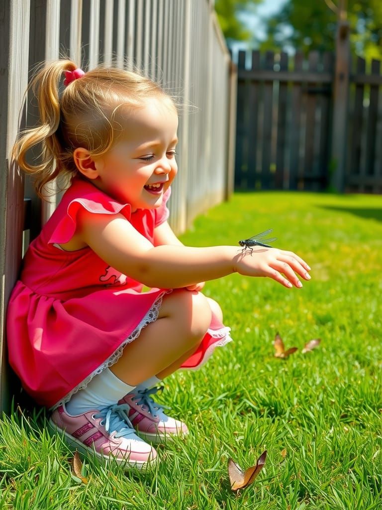 Joyful Girl Surprised by a Dragonfly in a Sunny Yard Scene