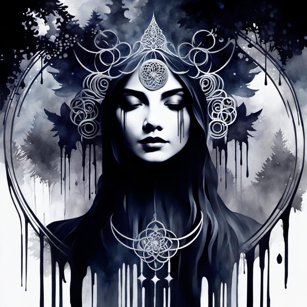 Monochrome Fairy Portrait in Misty Forest, Ink Wash Art