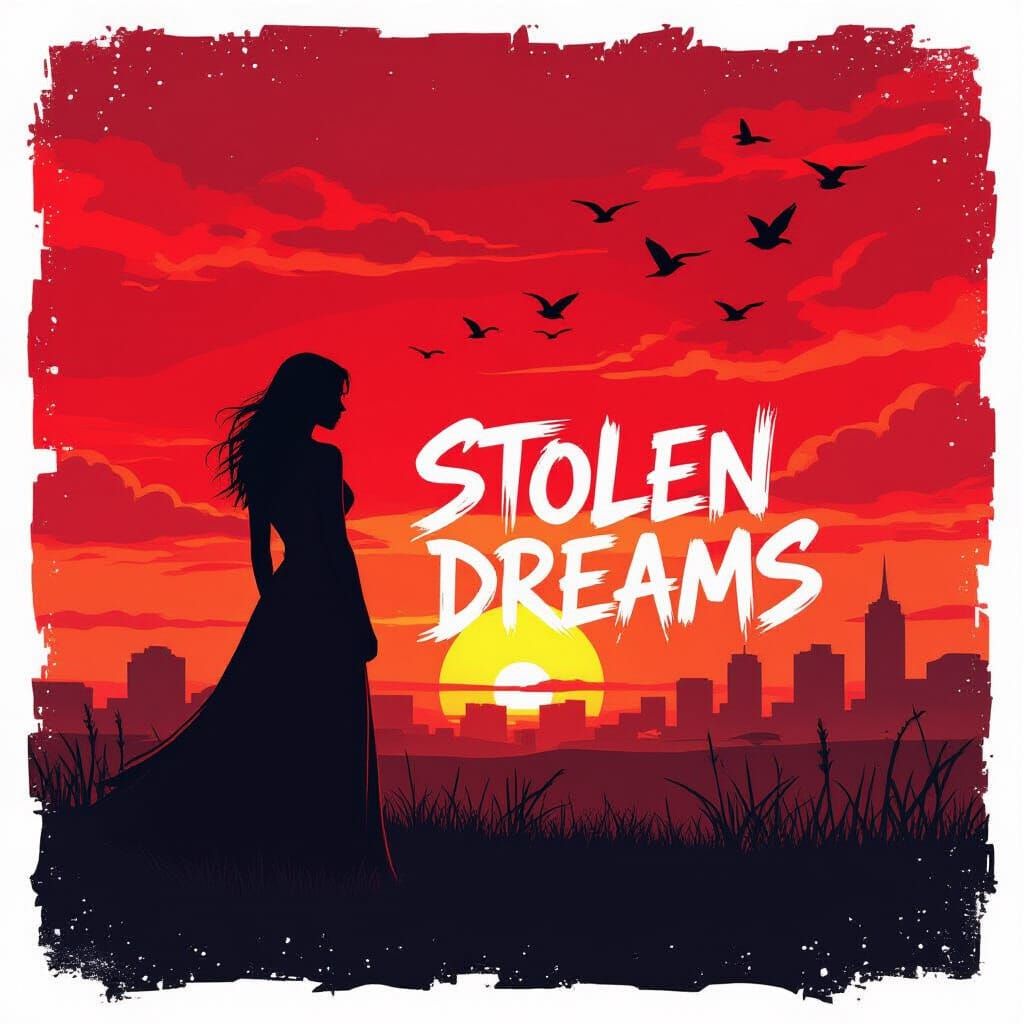 Woman in Flowing Dress Amidst Red Sunset Sky with Graffiti