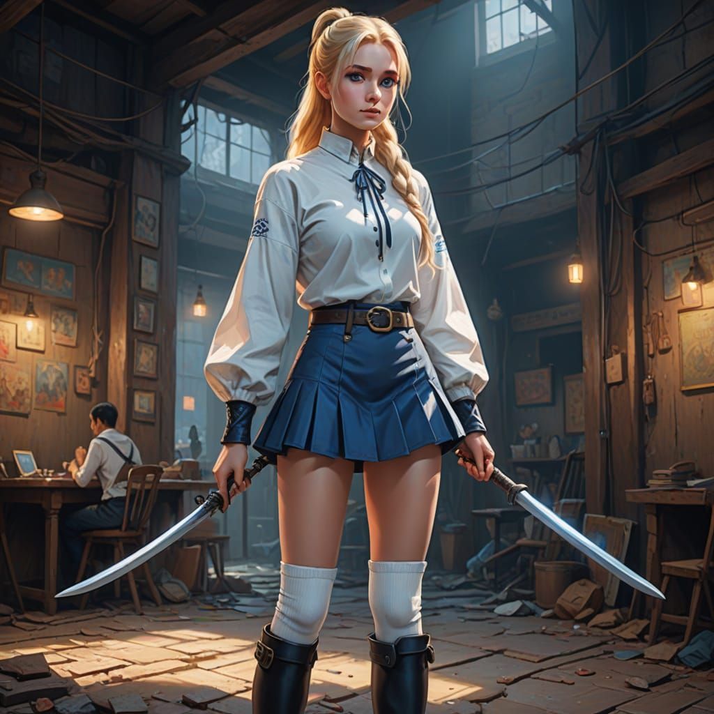 Blonde Model in Thigh-High Boots - Vibrant Digital Art