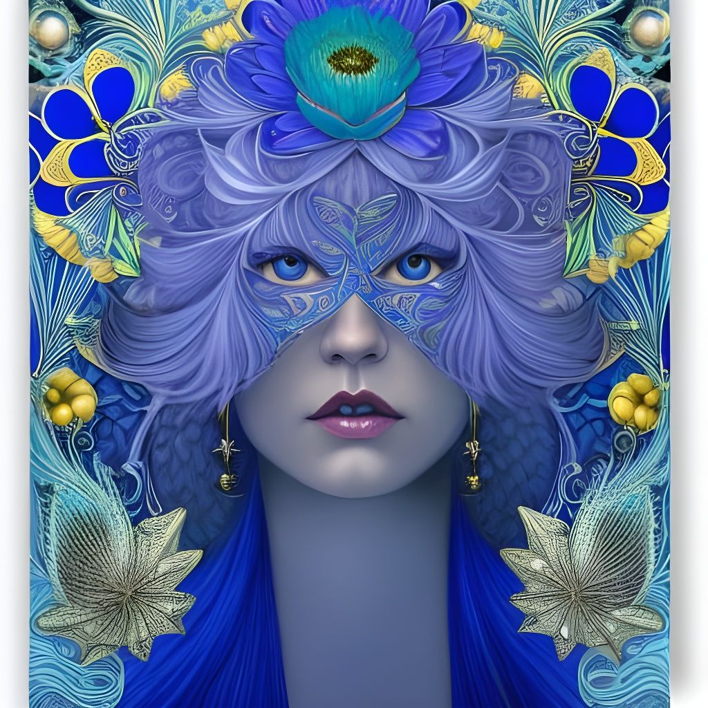 Blue-Haired Girl with Flowers in Art Nouveau Style