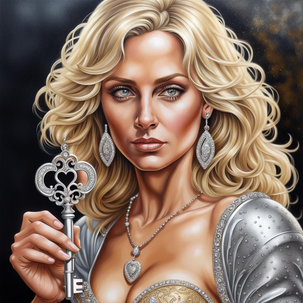 Woman Holds Diamond Heart Key in Acrylic Style