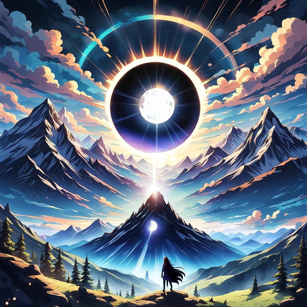 Mystical Solar Eclipse Over Mountains in Anime Style