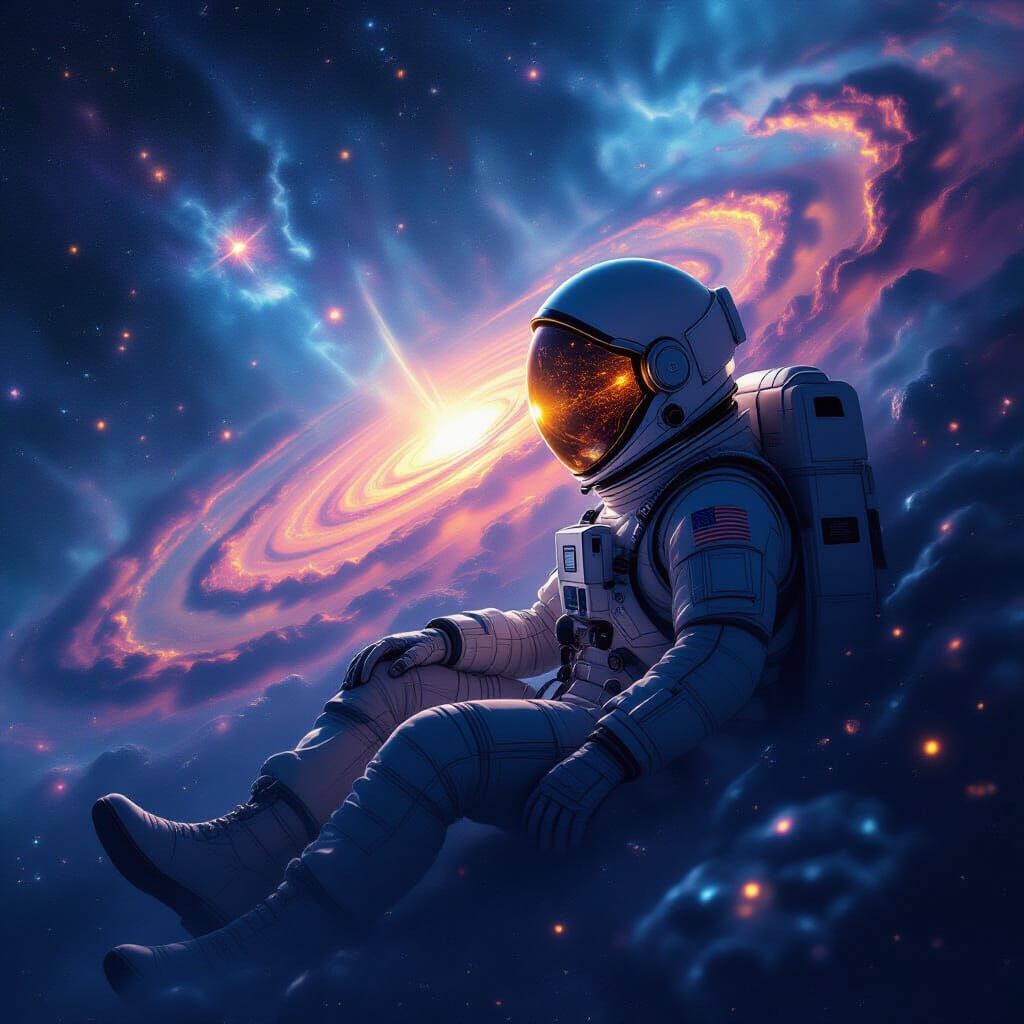Astronaut Adrift in Cosmic Nebula, Galaxy Reflection