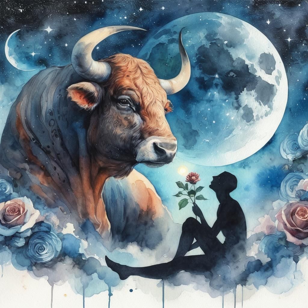 un toro enamorado de la Luna con elementos lunares en el fon...