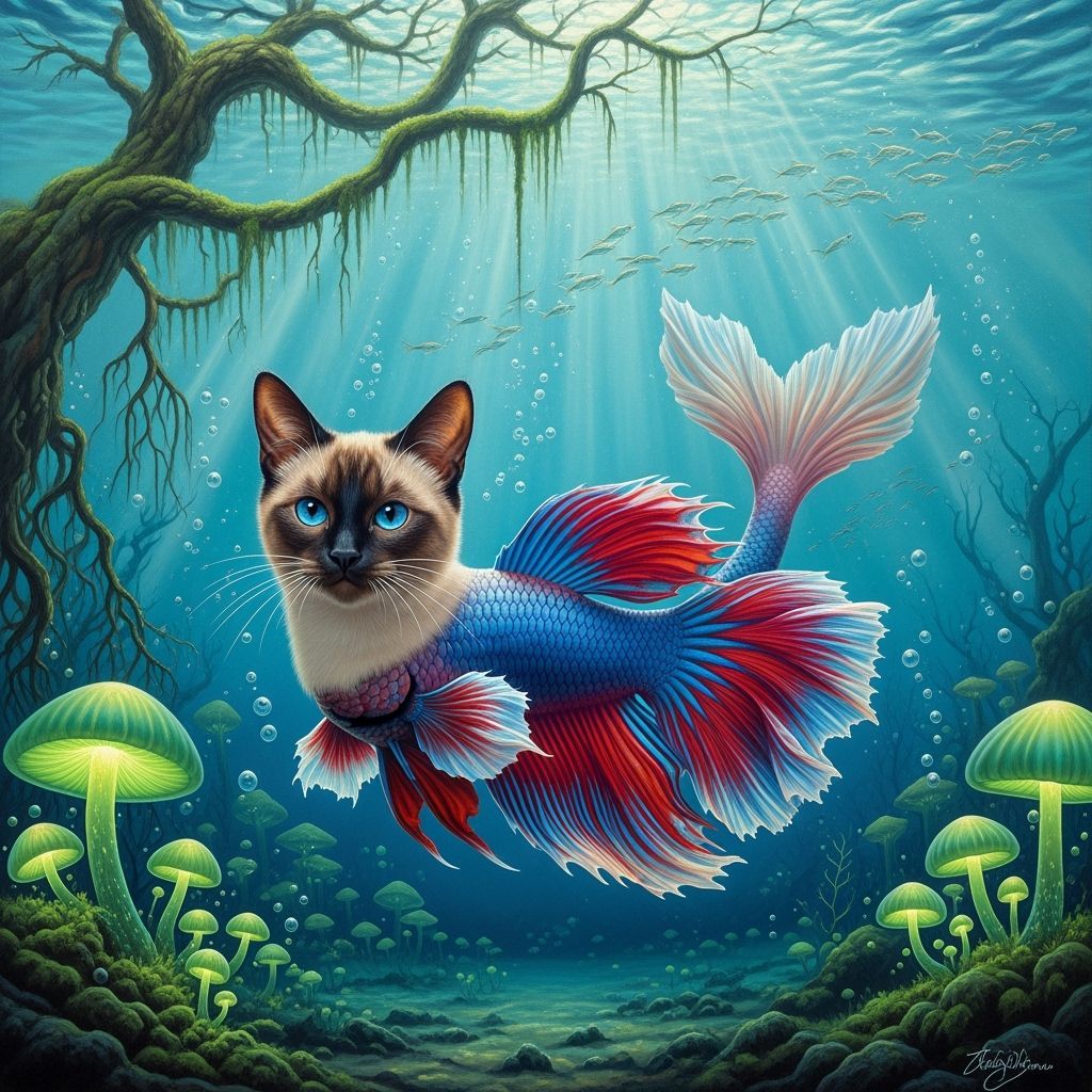 Surreal Siamese Catfish Hybrid in Dreamlike Oil Painting