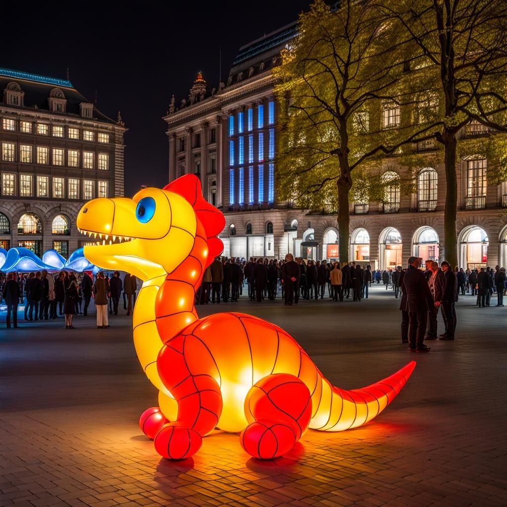 Dinosaur Balloons in City Square, Reflective Art