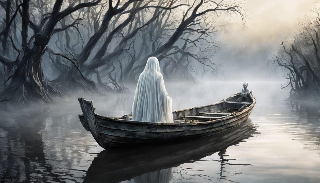 Ethereal Ghost Drifts on a Misty River Lined with Charred Tr...
