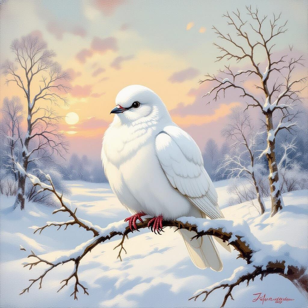 White Dove on Snowy Branch in Winter Landscape