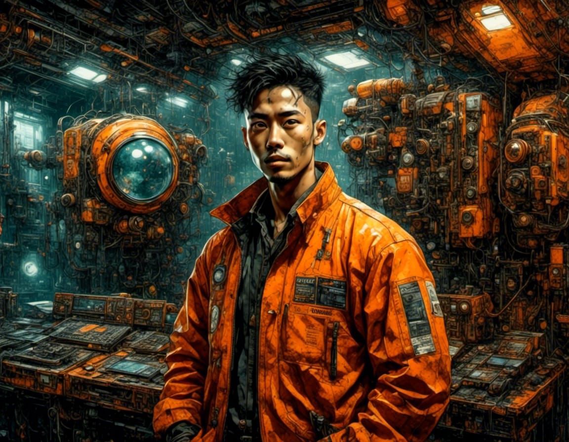 Proud Mechanic in Cyberpunk Style Portrait