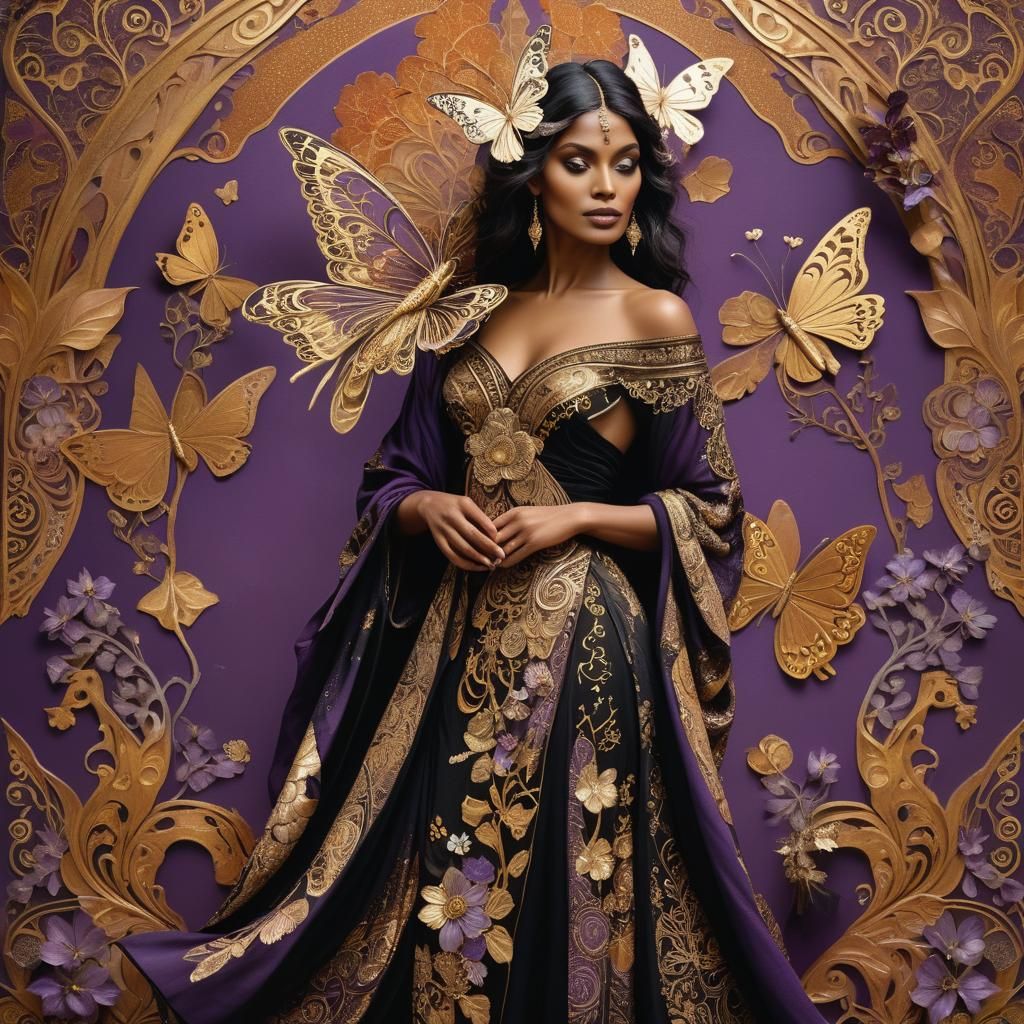 Art Nouveau Woman with Butterfly in Autumn Landscape