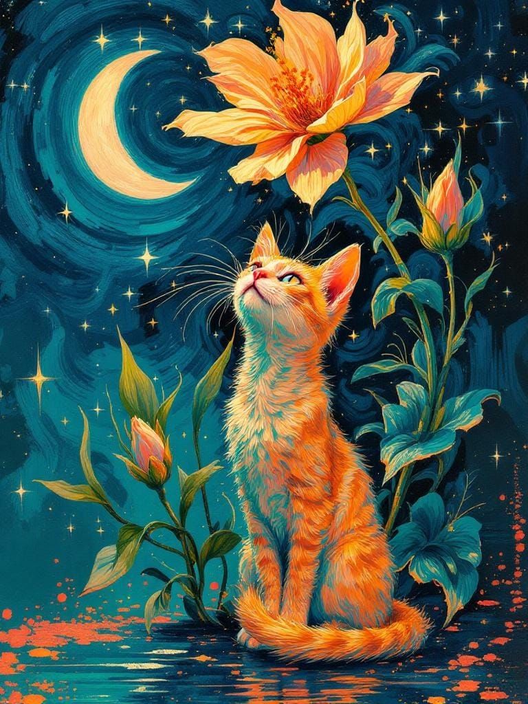 Cat Under Flower in Retro-Cyberpunk Style