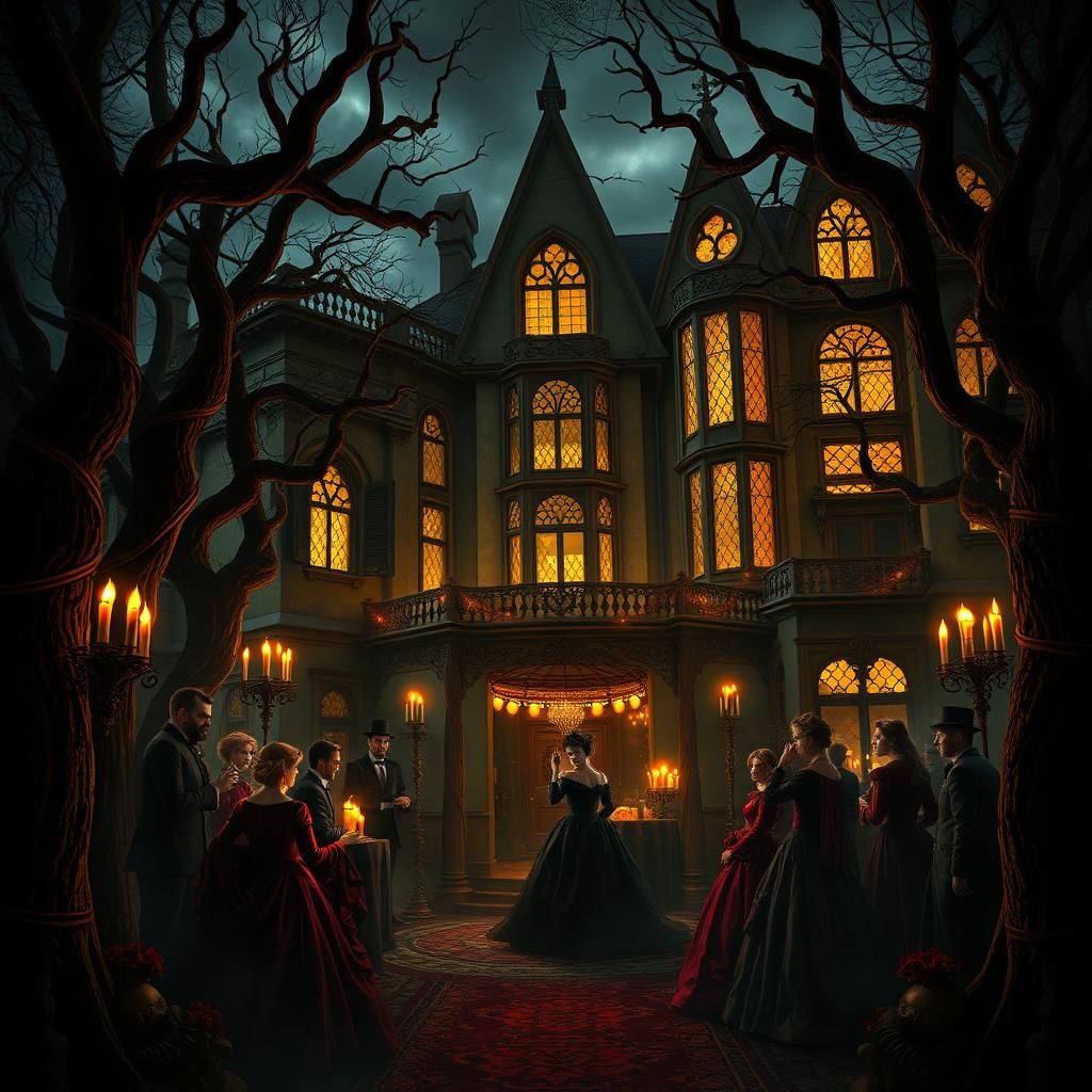 Grand Masquerade Ball in Gothic Mansion at Dusk