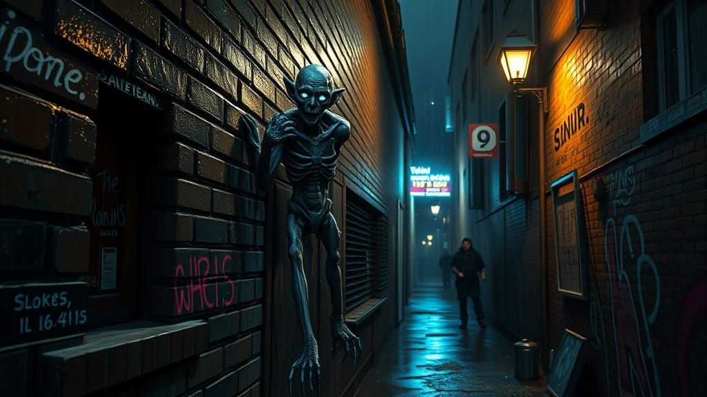 Cyberpunk Vampire in Rain-Soaked Alley
