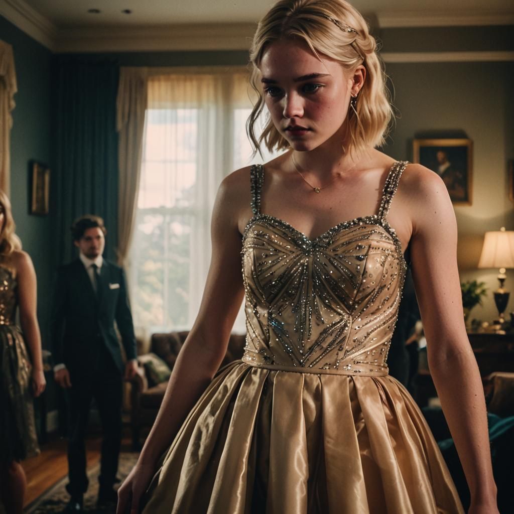 Cinematic Film Still: Girl Lifts Tomboy's Prom Dress