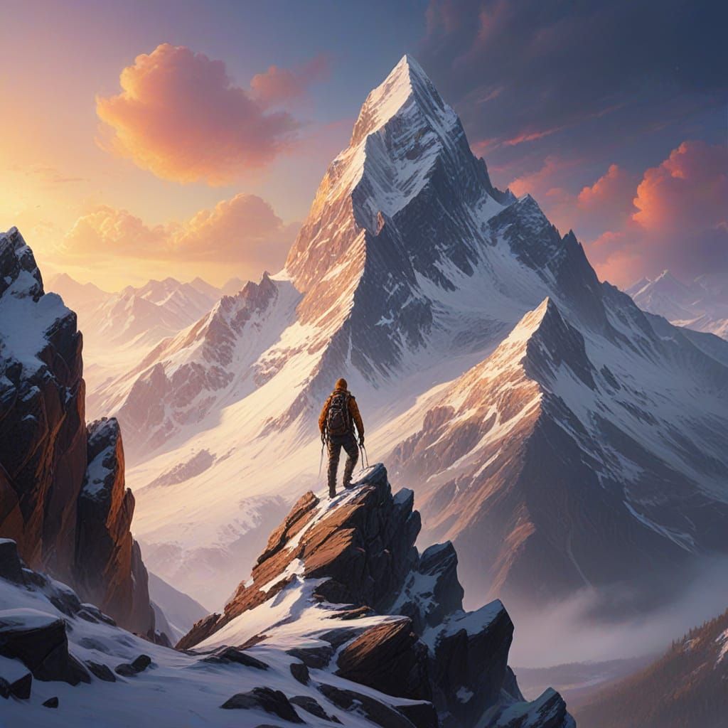 Climber on Mountain Peak in Vibrant Oil Painting Style