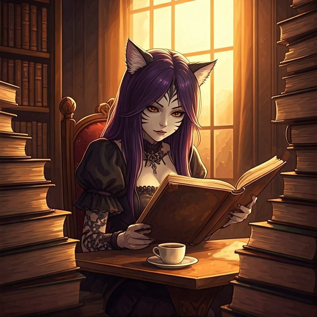 Manga-Style Gothic Catgirl Studying in a Cozy Cafe