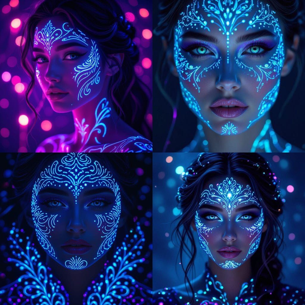 Woman's Face with Bioluminescent Patterns in Cyan and Purple