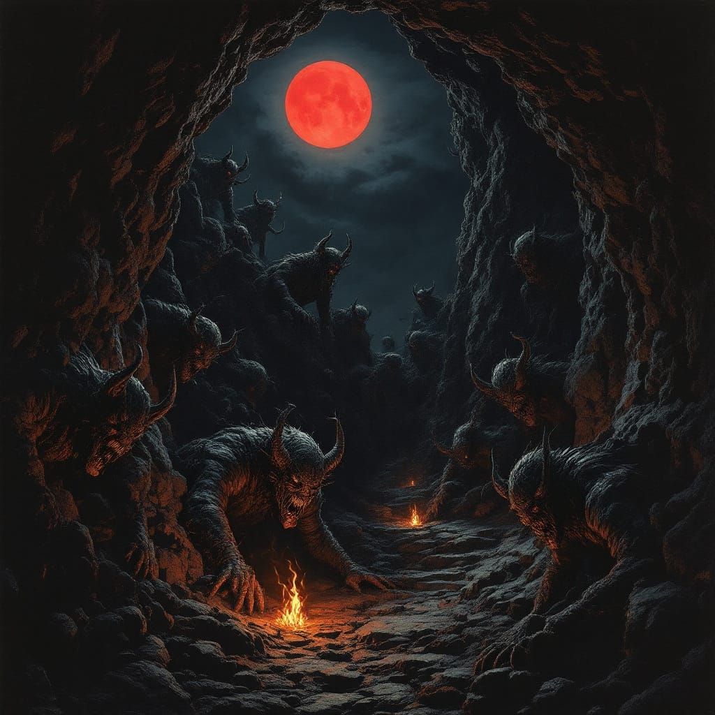 Demons Emerge Under Red Moon in Engraving Style