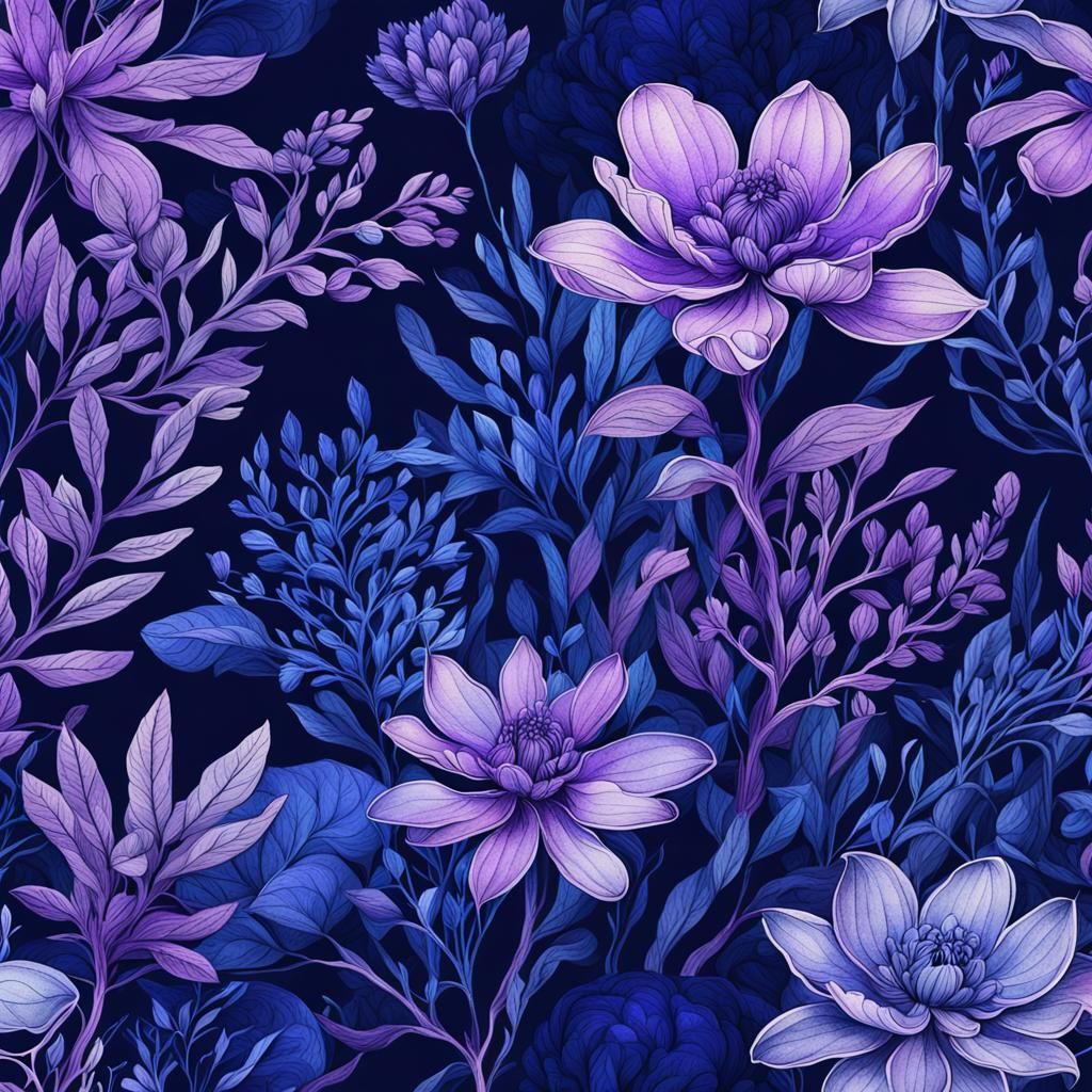 Botanical Ink Drawing in Purple and Blue