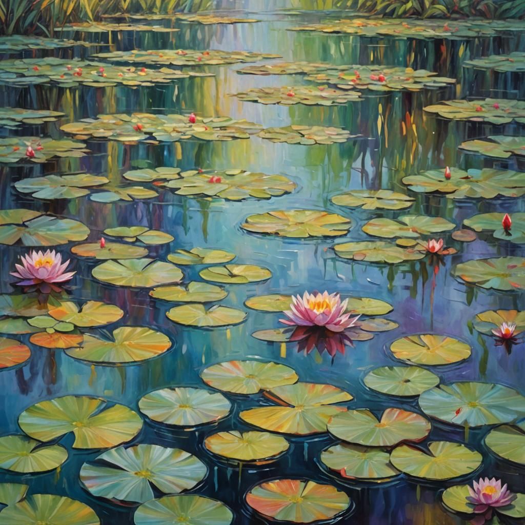 Rainbow Water Lilies in Oil Painting Style