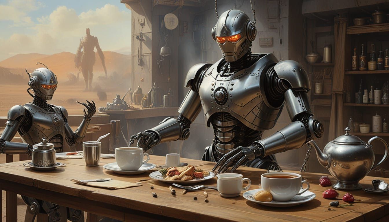 Cyberpunk Butler Serves Tea in a Warring Landscape