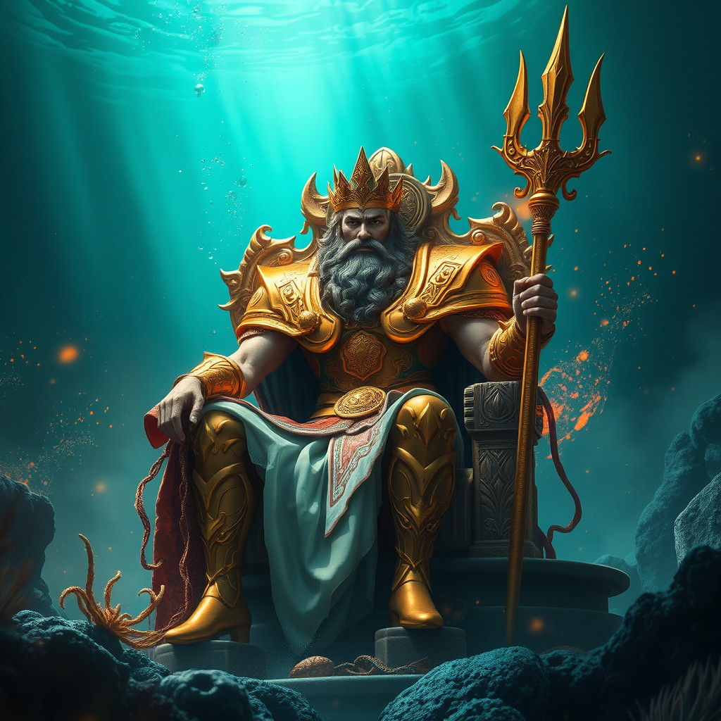 Poseidon on Golden Throne in Ocean Depths