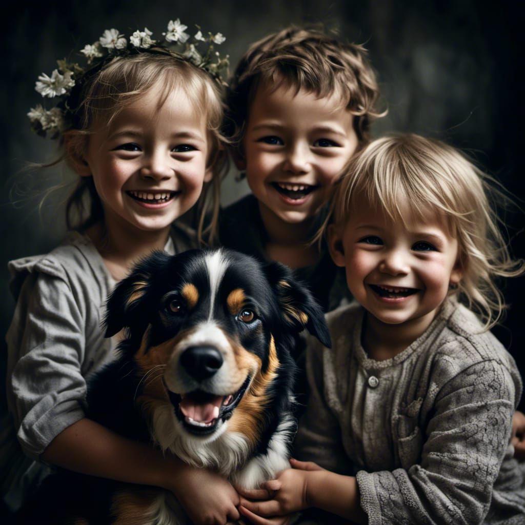 Toddler Siblings and Dog Portrait in Detailed Style