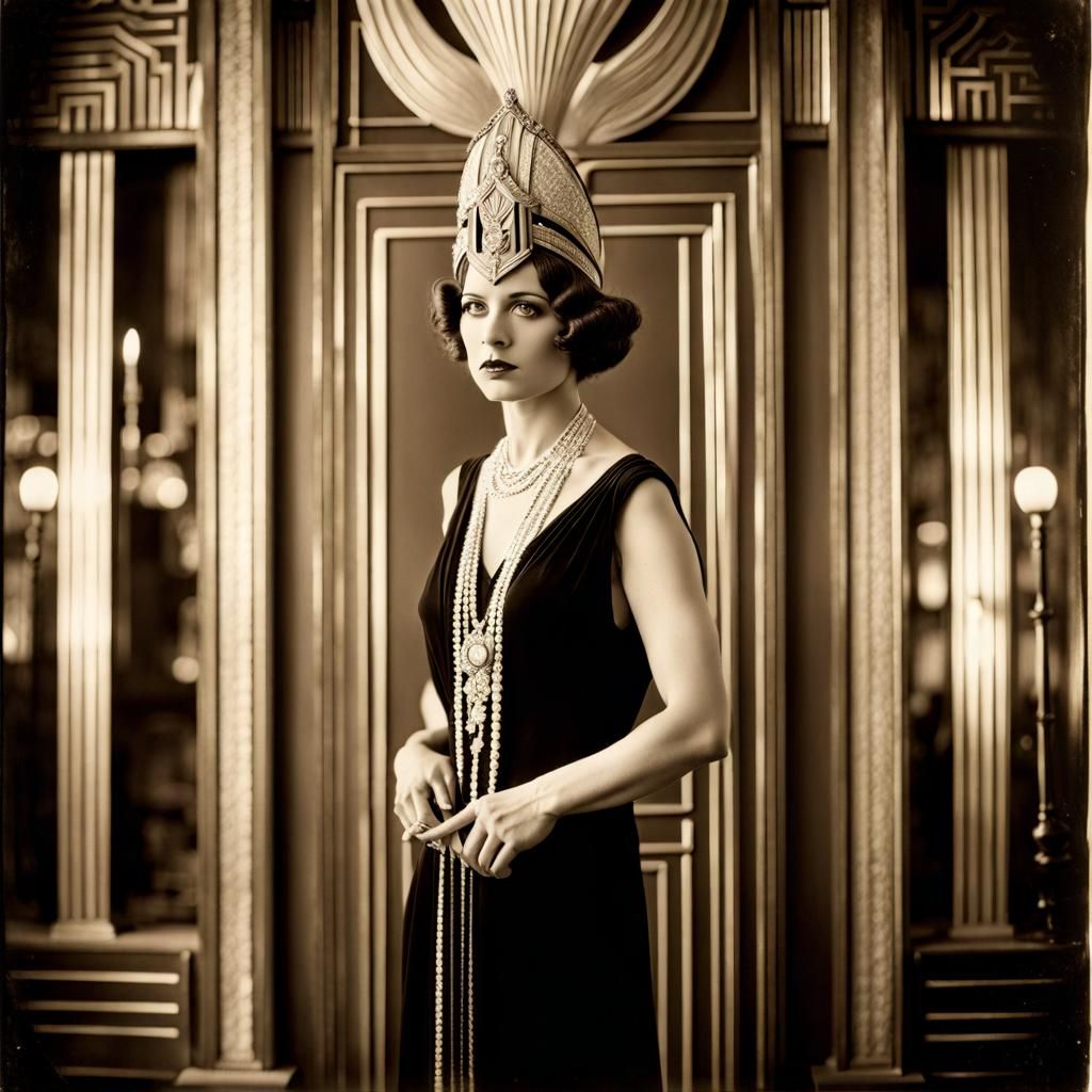 1920s Woman in Art Deco Hotel, Silver Nitrate Photo