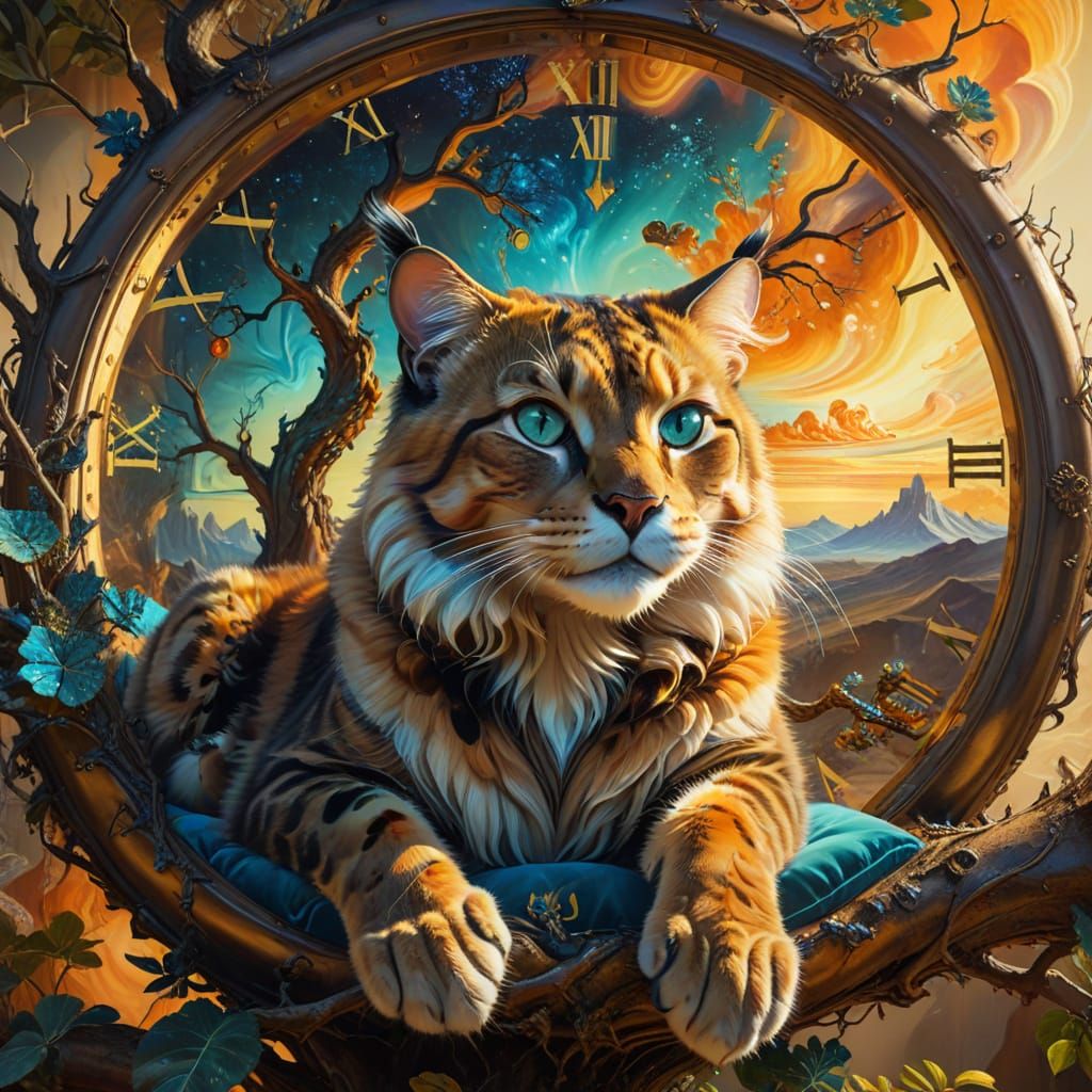 Surreal Feline on Interdimensional Branch as Oil Painting