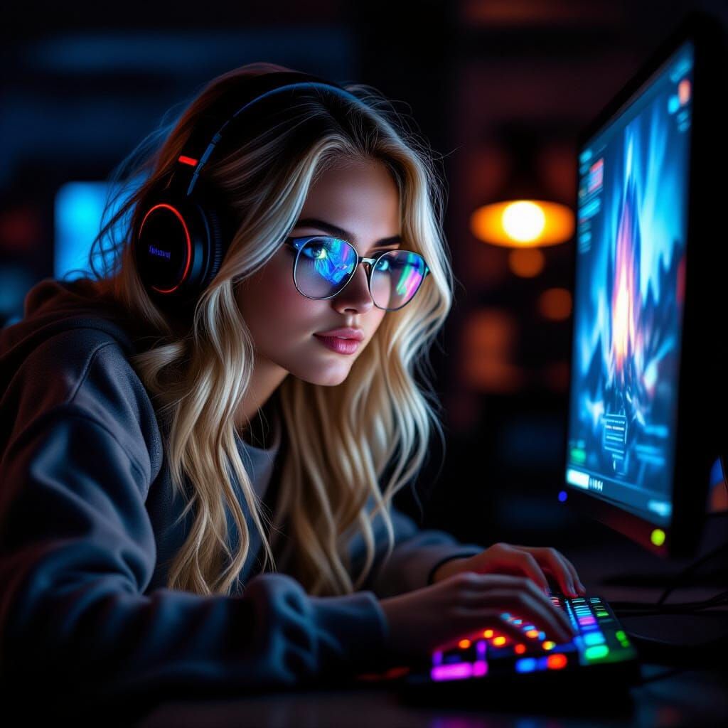 Blonde Nerd Girl Plays World of Warcraft on Glowing Screen