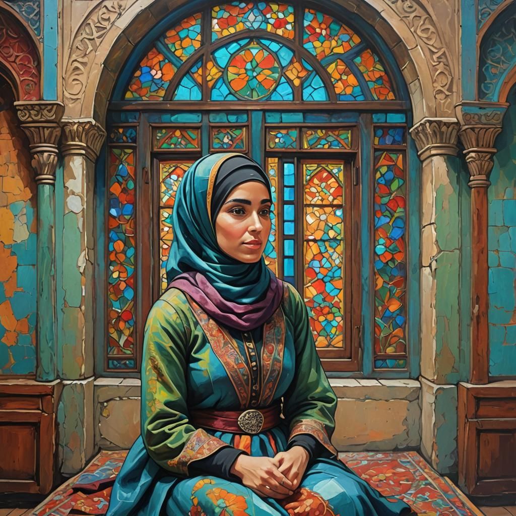 Ottoman Room Scene with Woman in Hijab: Impasto Painting