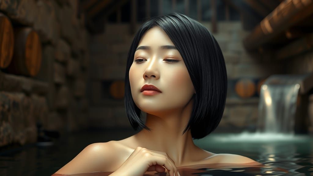 Serene Asian Woman in Traditional Hot Spring Bathhouse