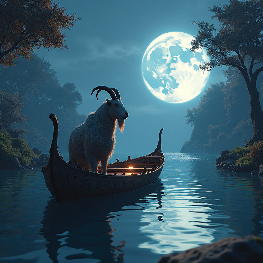Goat Steers Mystical Boat on Moonlit Lake
