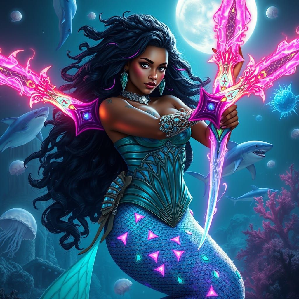 Afro Mermaid Goddess in Bioluminescent Underwater Kingdom