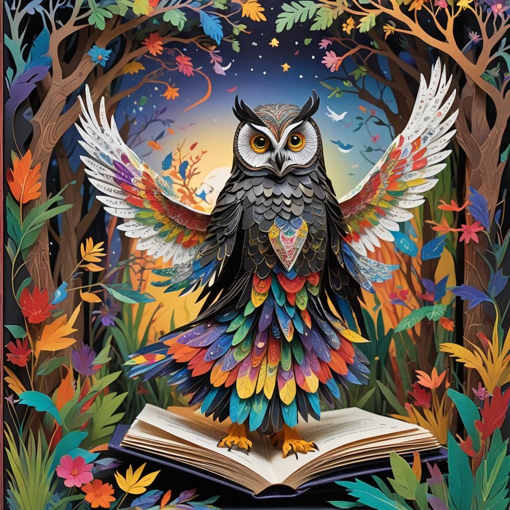 Mystical Owl Pop-Up Book in Cubist Style