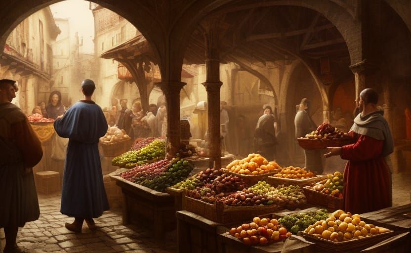Medieval Market Fruit Haggling in Detailed Digital Art