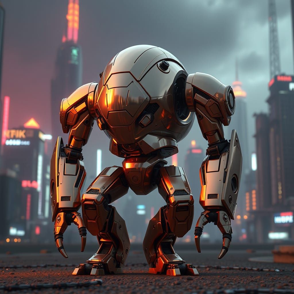 Glowing Copper Mech Dominates Futuristic Cityscape