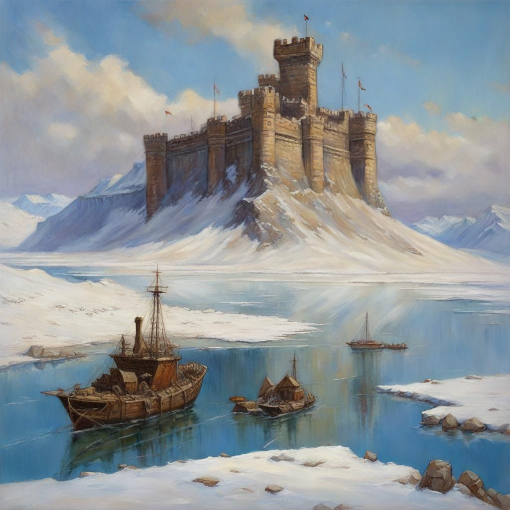 Fortress on Ice Fields in Oil Painting Style