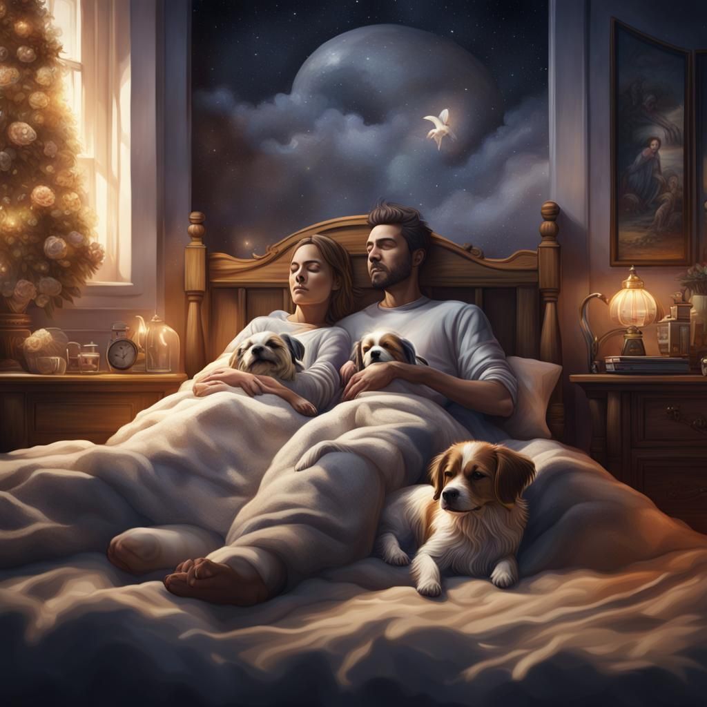 Couple Asleep with Dog: Detailed Matte Painting