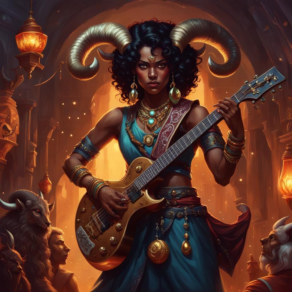 tiefling bard playing electric guitar