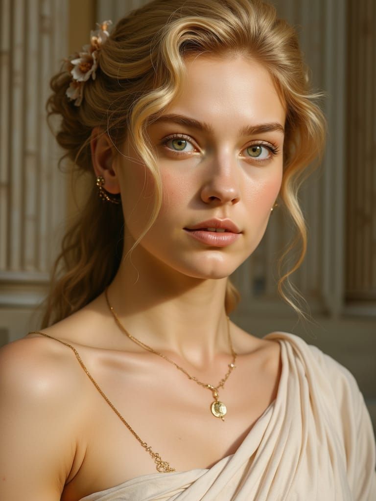 Serenely Adorned Goddess of Love in Ancient Greek Temple