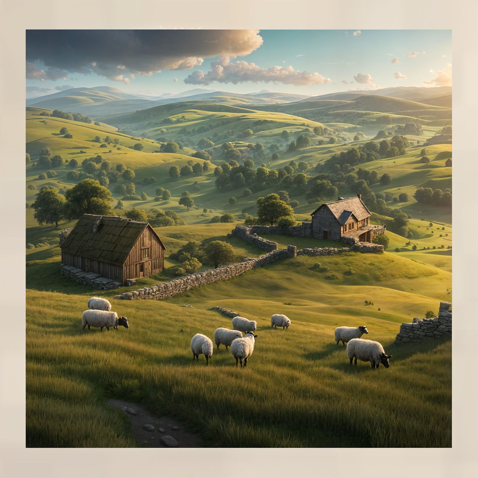 a tranquil countryside scene with rolling hills, grazing sheep, and a quaint farmhouse in the distance