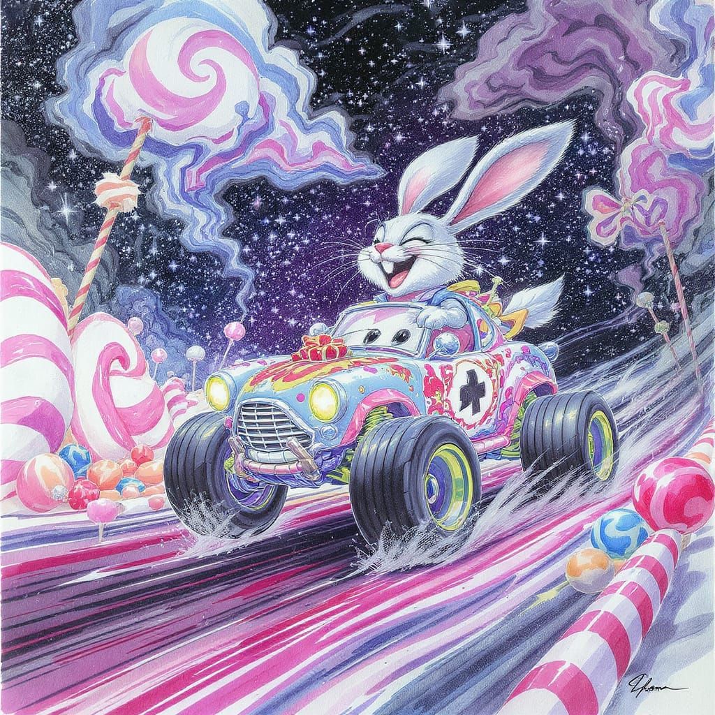 Laughing Bunny Races Car in Punk Dreamscape