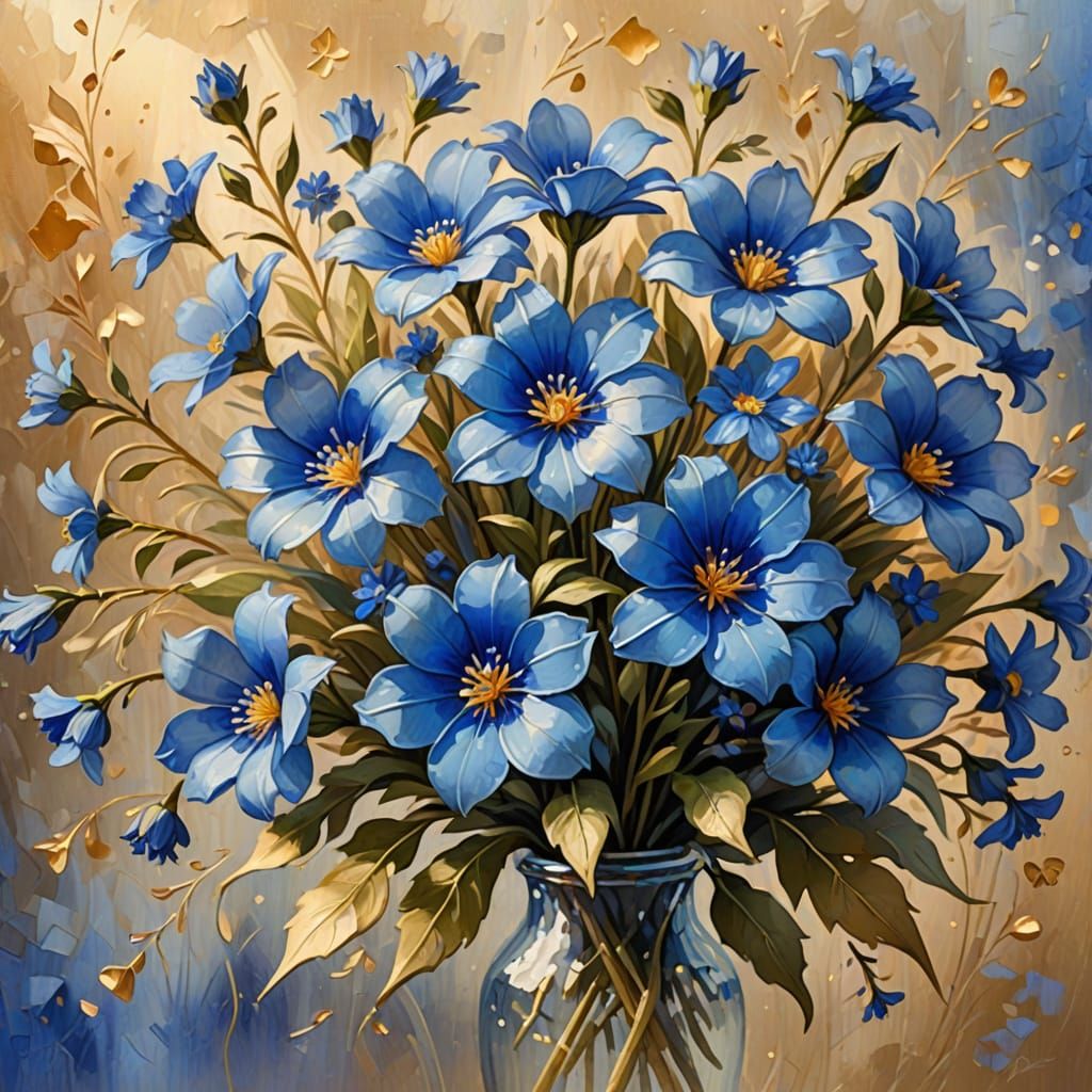 Blue Flowers Bouquet in Romantic Impressionist Style
