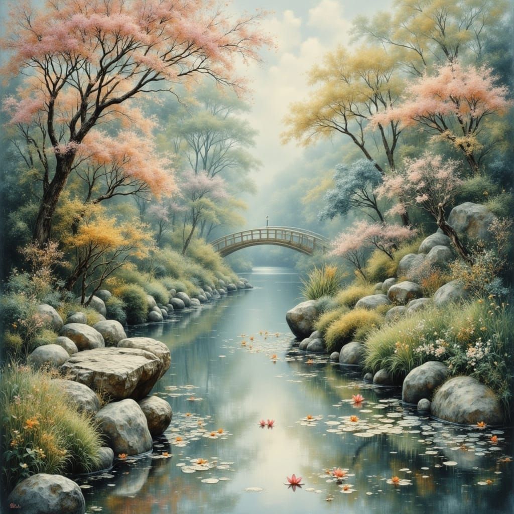 Paysage de rêve impressionniste inspiré de Monet d'un jardin japonais chatoyant, enveloppé de brume matinale, avec des p...