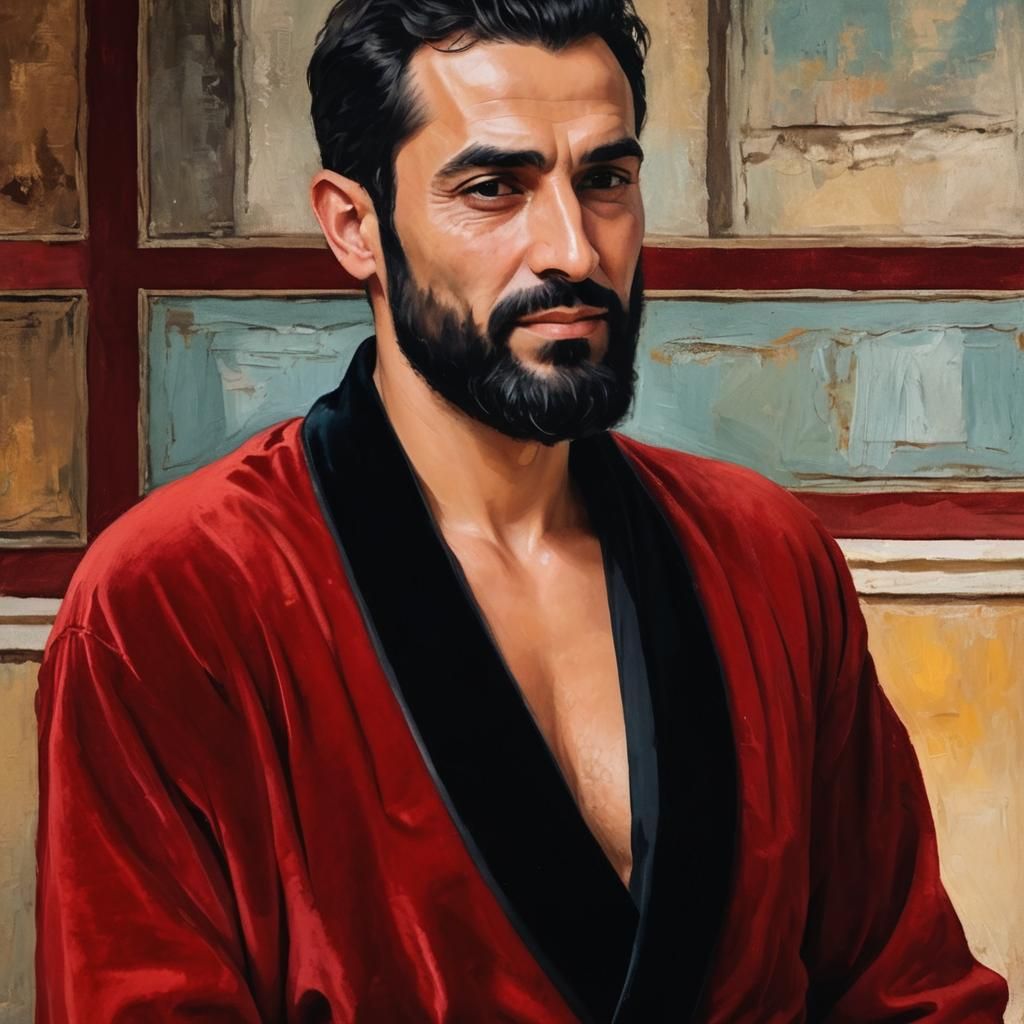 Handsome Turkish Man in Red Velvet Bathrobe, Impasto Gouache