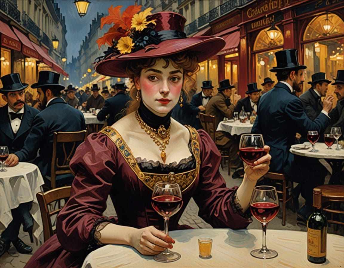 Vibrant Parisian Café Scene in Art Nouveau Style