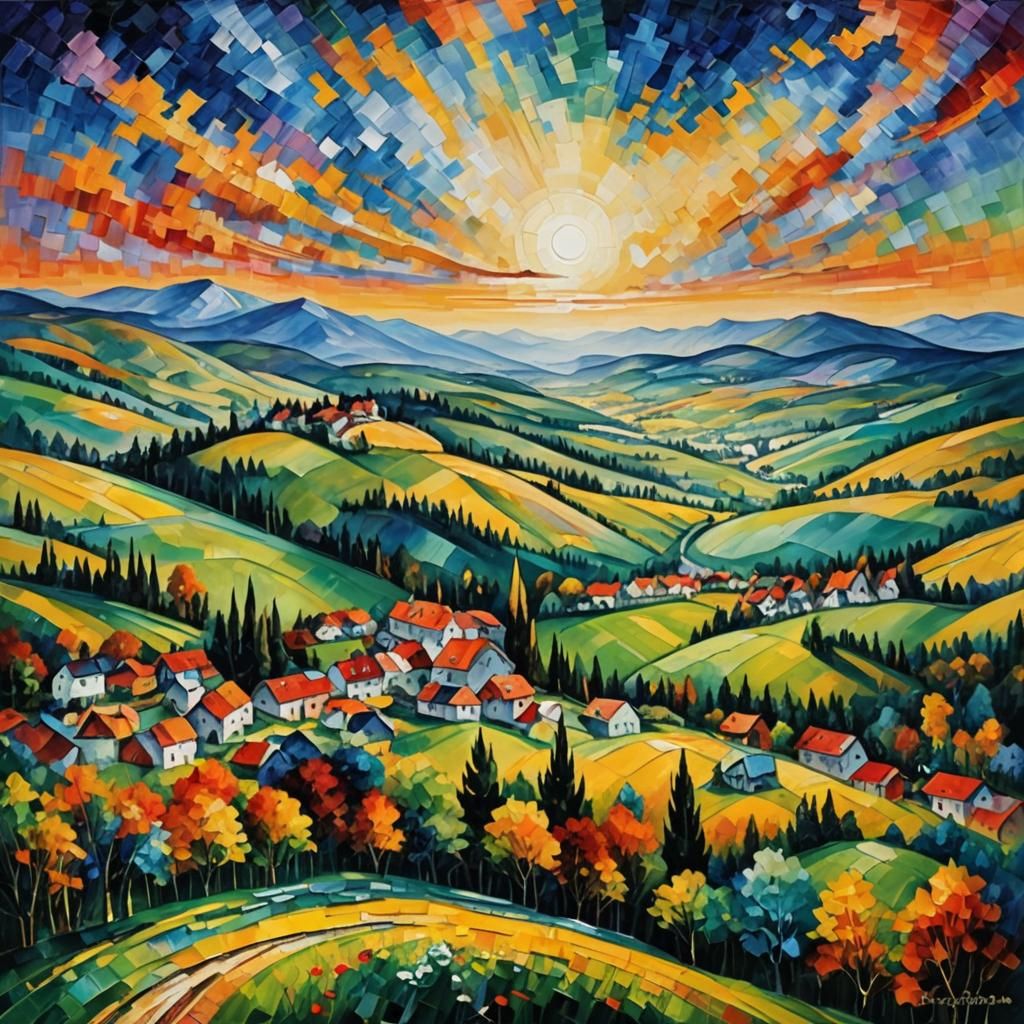 Lush Hills Landscape in Abstract Expressionist Style