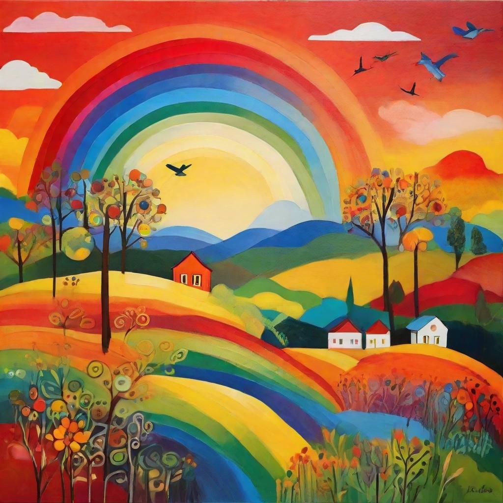 Folk Art Rainbow Landscape in Abstract Style